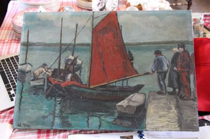 null Muguette SAUGET Pêcheurs Bretons c.1930 Huile sur toile Par M. Tito
