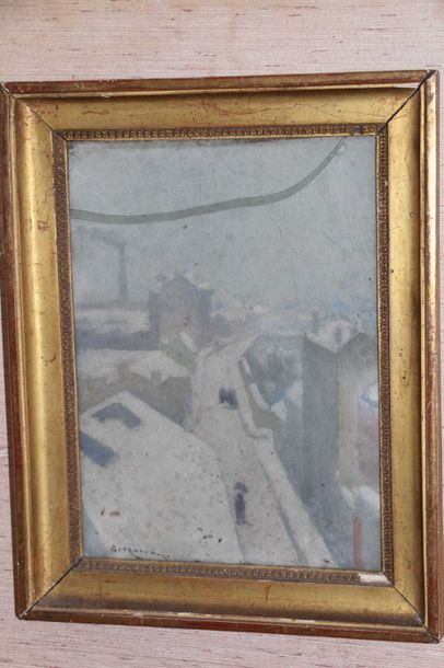 null Vue d’une fenêtre, ville enneigée c. 1930 Huile sur toile Artiste inconnue,...