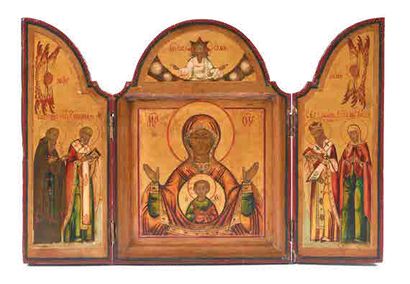 null Triptyque de voyage représentant au centre une Sainte Vierge du Signe de Novgorod,...