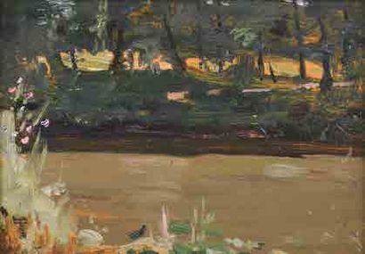 LAPCHINE, Georges Alexandrovitch (1885-1950) 
Au bord de la rivière.
Huile sur panneau....