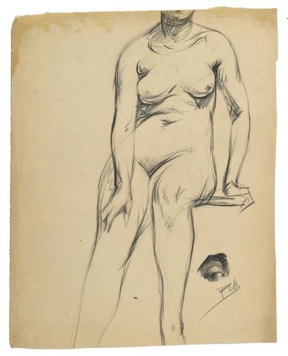 Paul CHMAROFF (1874-1950) 
Nu
Fusain sur papier, monogrammé en bas à droite, mouillure,...