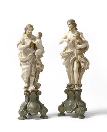 null 140 Deux figures en bois polychrome et or représentant saint Jean-Baptiste en...