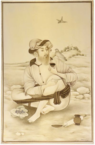 null 159 Miniature rectangulaire en ivoire représentant une homme enturbanné assis...