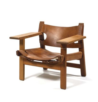 null 209 Borge MOGENSEN (1914-1972) Spanish chair, easy chair Bois et cuir (restaurée)....