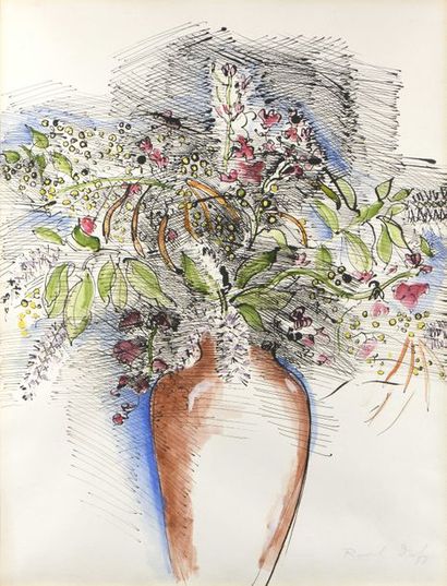 null 73 Raoul DUFY (1877-1953) Vase de fleurs Plume, encre et aquarelle, signée en...