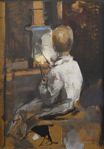 null 79 François LEGRAND (né en 1951) Le jeune peintre Huile sur Isorel. 38,5 x 27...