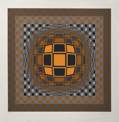 null 84 Victor VASARELY (1906 – 1997) Composition orange, noir et gris Signé en bas...