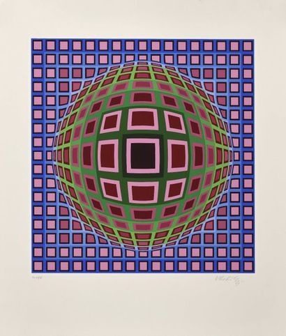 null 93 Victor VASARELY (1906 – 1997) Composition bleu, rose et vert Signé en bas...