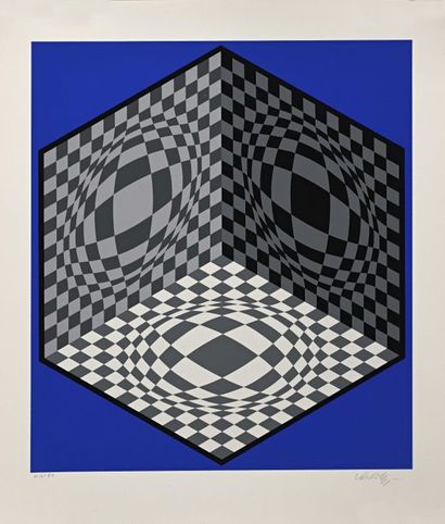 null 94 Victor VASARELY (1906 – 1997) Composition au cube sur fond bleu Signé en...