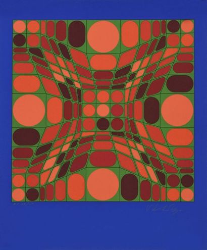 null 96 Victor VASARELY (1906 – 1997) Composition rouge et vert sur fond bleu Numéroté...