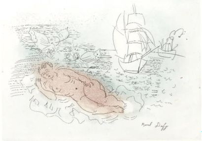 Raoul DUFY (1877-1953) Baigneuse aux papillons devant un voilier et un vapeur Eau-forte...