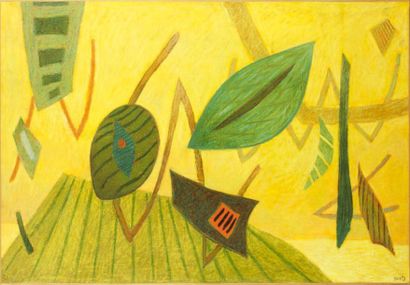 Henri GOETZ (1909-1989) Composition sur fond jaune Pastel gras sur papier contrecollé...