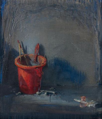 Philippe GAREL (1945) Le pot de peinture rouge. 91 Huile sur toile, signée et datée...