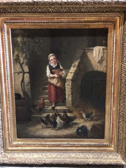 null BETHIER, école du XIX7me siècle Jeune paysanne et ses poules Huile sur toile...