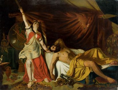 ÉCOLE ANGLAISE début du XIXe siècle Samson et Dalila
Huile sur toile.
96 x 125 cm
(Rentoilée,...