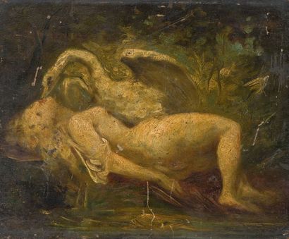 Attribué à Narcisse DIAZ DE LA PEÑA (1807-1876) Léda et le cygne
Huile sur panneau.
23,5...