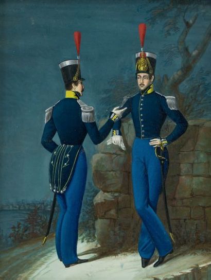 École russe, début XIXe siècle Deux militaires, projet d'uniformes
Gouache.
24 x...