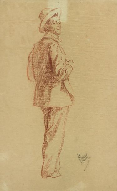 Jules CHÉRET (1836-1932) Homme en pied au chapeau
Sanguine signée en bas à droite.
37...