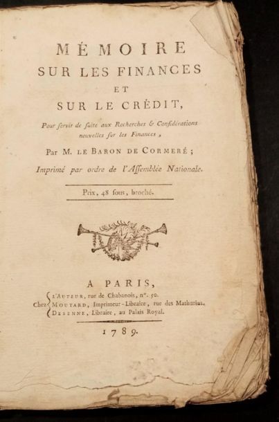 null 107. CORMERÉ (Guillaume-François Mahy de). Memorandum on Finance and Credit,...