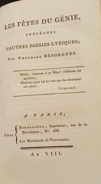 null 119. DÉSORGUES (Théodore). Recueil de 6 textes. Paris, An V-An VIII, in-8. Broché...