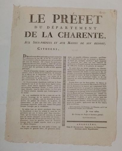 null 3. [AFFICHE - CHARENTE] - Le Préfet du département de la Charente, aux sous-préfets...