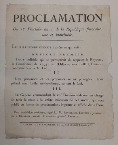 null 12. [AFFICHE] - PROCLAMATION du 18 Fructidor an 5 de la République Française,...