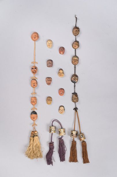 JAPON Two sets of masks inspired by the Noh theatre in terracotta painted polychrome,...