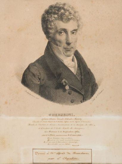 D'après CONSTANS *Portrait of Cherubini
Lithograph in black.
Indication in ink: "Given...