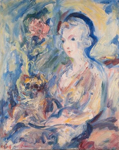 Paul KRON (1869-1936) 
Young woman with a rose
Oil on canvas.
Signed lower left.
(No...