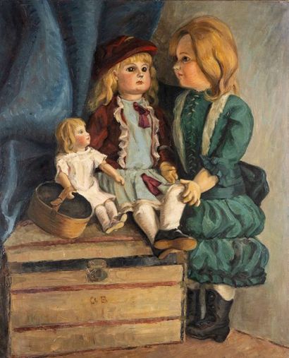 Arlette BLUZET (1900-1995) 
Dolls and trunk
Oil on canvas monogrammed down the center.
(Small...