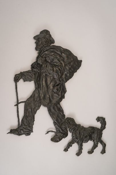Jean-François RAFFAELLI (1850-1924) *The ragpicker and his dog Bas-relief in bronze...