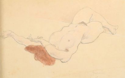 Jules PASCIN (1885-1930) 
Nu étendue les jambes croisées
Crayon et aquarelle sur...