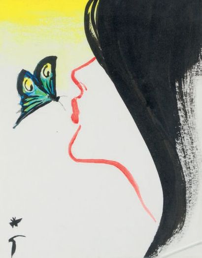 René GRUAU (1909-2004) 
Jeune femme de profil au papillon
Gouache sur papier.
Monogrammée...