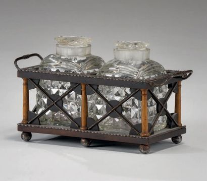 null Light and dark wood scented display, the sides with latticework, decorated with...