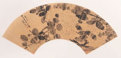 null Fan painting, ink on gold paper
Representing hydrangeas in bloom, the upper...