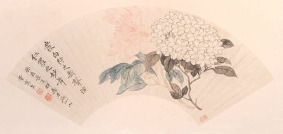 null Fan painting, ink and colour on paper
Representing a peony and a hydrangea,...