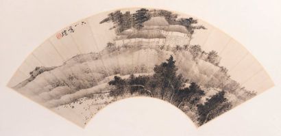 null Painting for fan, ink on paper
Representing a village of thatched cottages at...