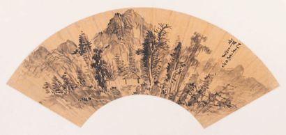 null Fan painting, ink on gold paper
depicting a pavilion in a wooded and mountainous...
