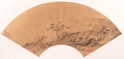 null Fan painting, ink on gilded paper
depicting houses and figures a lake landscape...
