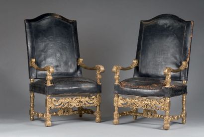 null *A pair of important ceremonial armchairs with slanted and shouldered backs,...