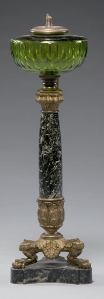 null *Oil lamp in sea-green marble and bronze formerly gilded in the shape of a column...