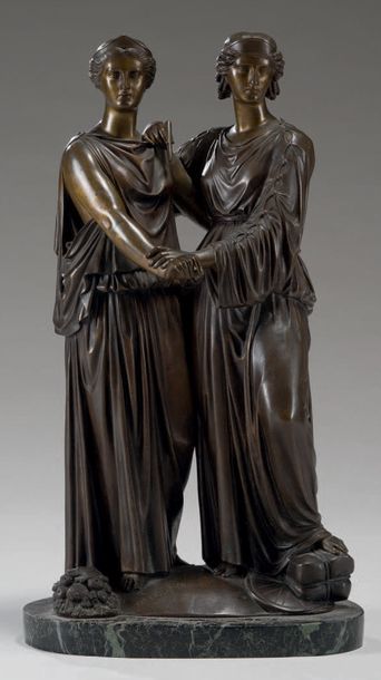 CROZATIER (XIXe siècle) 
Deux femmes à l'antique se tenant la main
Épreuve en bronze...
