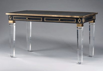 null Flat desk in gilded metal, plexiglass and black leather, two drawers in belt,...