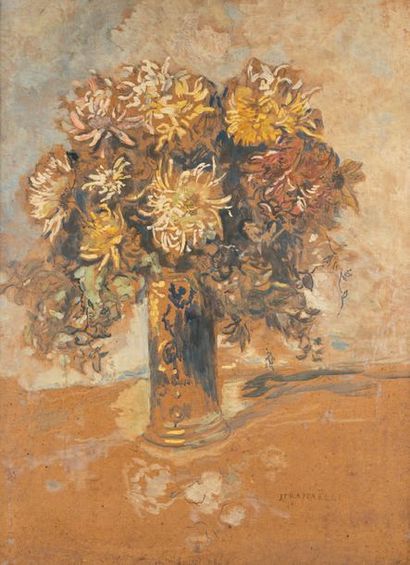 Jean-François RAFFAELLI (1850-1924) *Vase de chrysanthèmes
Huile sur carton signée...