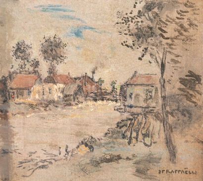 Jean-François RAFFAELLI (1850-1924) *Maisons sur les rives du fleuve, étude Huile...