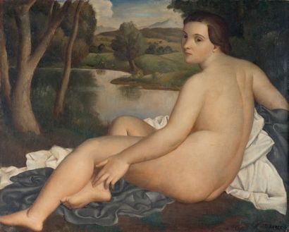 Théophile ROBERT (1879-1954) 
Nude sitting in a landscape
Oil on canvas.
Signed lower...