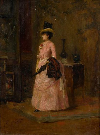 null Georges Jules A. CAIN (1856-1919)
Elégante à la robe rose
Panneau signé en bas...