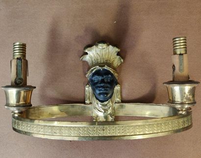 null Suite of four two-light sconces in bronze and gilt bronze with Indian head decoration.
L...