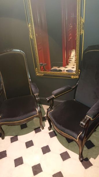 null Pair of Voltaire armchairs in blackened wood, upholstered in black velvet.
H...