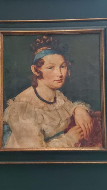 null Anonyme française
Portrait de femme au turban bleu 
Procédé sur toile.
51 x...
